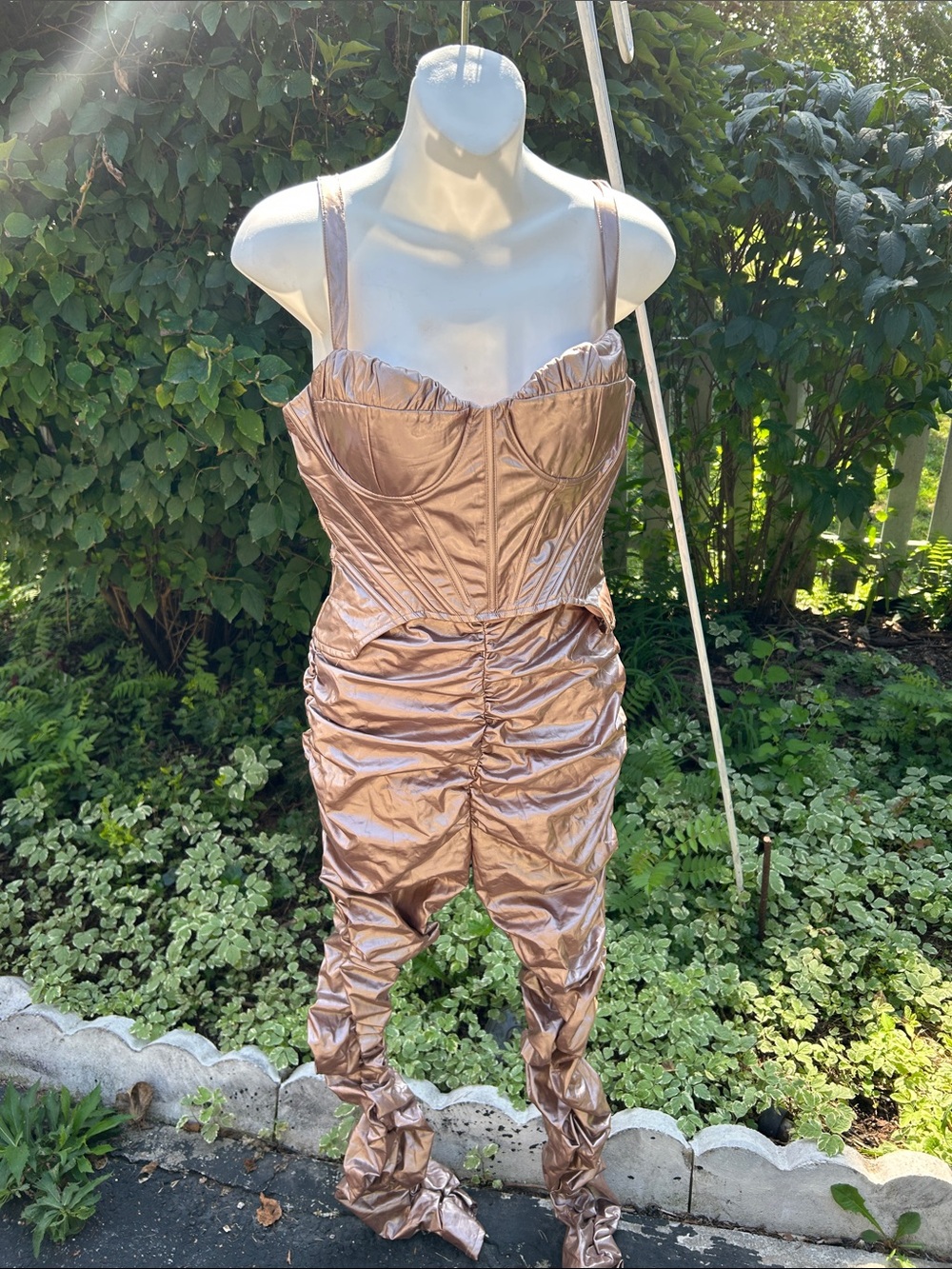 AKIRA Rose Gold Ruched Corset Jumpsuit